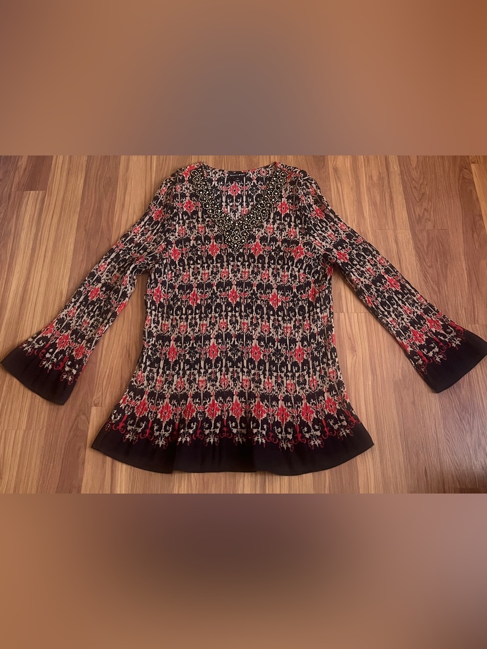 Vintage Fashion Bug Whimsigoth Pleated Blouse Bell Sleeve Embellished Top 1x